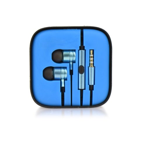 Fém, sztereó fülhallgató mikrofonnal, műanyag dobozban, kék