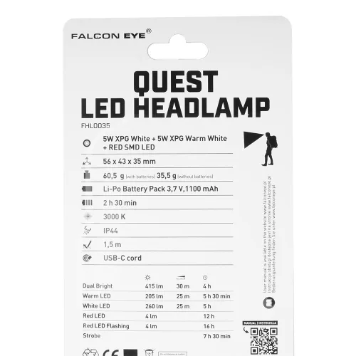 Falcon Eye Quest - USB LED fejlámpa, 415lm, fekete