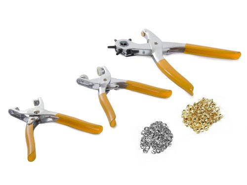 Bőrműves készlet lyukasztóval, szegecselővel és patentfogóval, ezüst / sárga