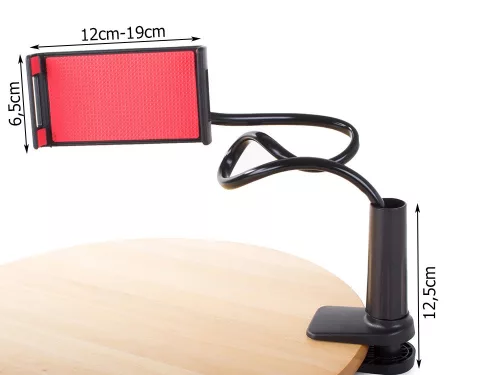 Telefontartó, asztalra rögzíthető, flexibilis fekete színben 60cm hosszúság, 12-19cm széles telefonhoz