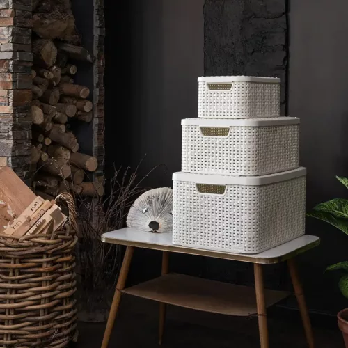 Curver Rattan stílusú L világos szürke kosár tetővel