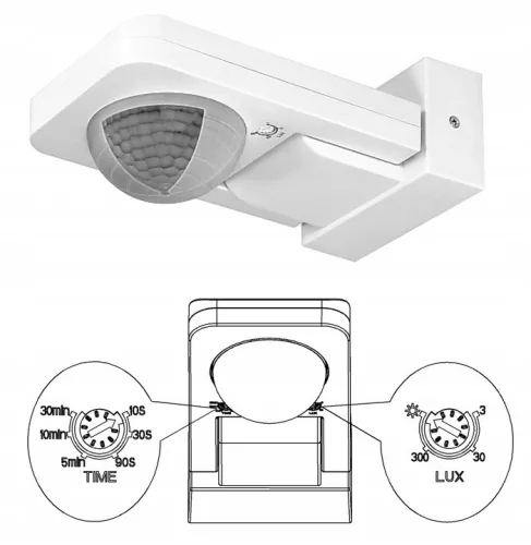 360 fokos mozgásérzékelő. IP65, 2000W, hatótáv max. 20 m, fehér