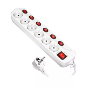   Többkapcsolós elosztó, 6 db 2P+E (Schuko) aljzat, 3x1,5 mm² kábel, 1,5 m hosszú, megvilágított kapcsolókkal: fő kétállású és különálló kapcsolók aljzatonként. Hőkapcsoló. 16A/230VAC