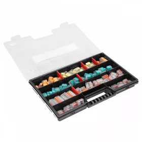   HOUSE PREMIUM szerelő tengelykapcsoló készlet, 151 db. Beütés: 25x 2 vezetékes 25x 3 vezetékes 20x 4 vezetékes 15x 5 vezetékes 10x 6 vezetékes 8x 8 vezetékes Krimpelés: 20x 2 vezetékes 20x 3 vezetékes 8x 5 vezetékes