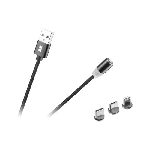 Mágneses USB kábel 3in1 microUSB, USB Type C, Lightning 100 cm fekete