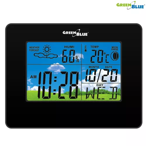 Időjárás állomás óra naptár holdfázis GreenBlue GB148B fekete