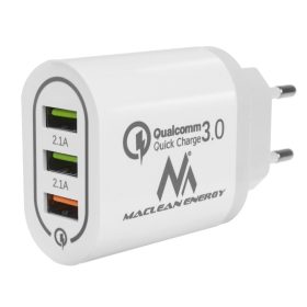   Fali töltő Maclean, Qualcomm Quick Charge, QC 3.0 - 3.6-6V / 3A, 6-9V / 2A, 9-12V / 1.5A, 2 aljzat 5V / 2.1A, Fehér, MCE479 W