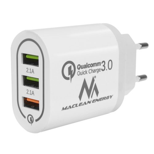 Fali töltő Maclean, Qualcomm Quick Charge, QC 3.0 - 3.6-6V / 3A, 6-9V / 2A, 9-12V / 1.5A, 2 aljzat 5V / 2.1A, Fehér, MCE479 W