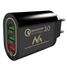   Fali töltő Maclean, Qualcomm Quick Charge, QC 3.0 - 3.6-6V / 3A, 6-9V / 2A, 9-12V / 1.5A, 2 aljzat 5V / 2.1A, Fekete, MCE479 B