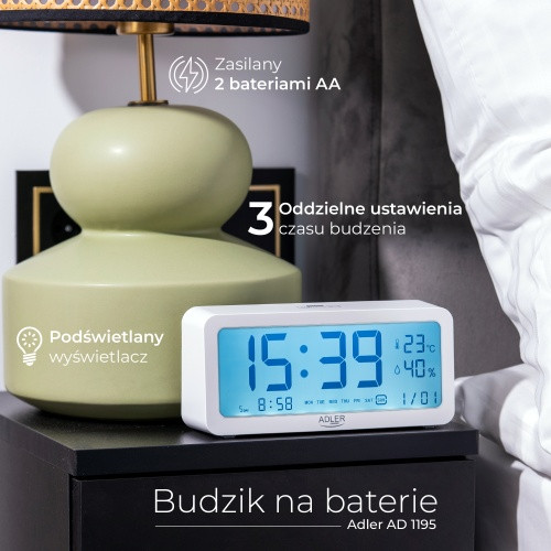 AD 1195 fehér Elemmel működő ébresztőóra - fehér