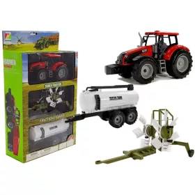   Traktor utánfutóval, gereblyével és tartálykocsival, piros