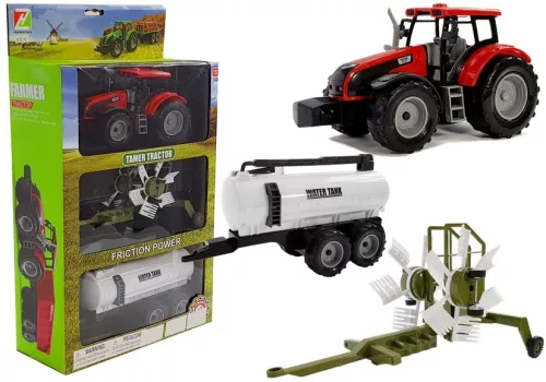 Traktor utánfutóval, gereblyével és tartálykocsival, piros