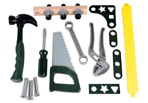 Kis ezermester készlet: doboz, kalapács, fűrész, szerszámok