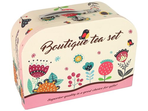Teás-kávés készlet dobozban, tányérmintákkal, rózsaszín