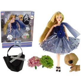 Emily baba kutyával, pénztárcával és virágokkal