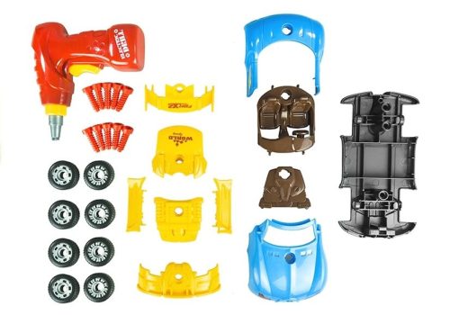 Kis autószerelő készlet: szétszerelt autó, csavarhúzó, lámpák, hangok