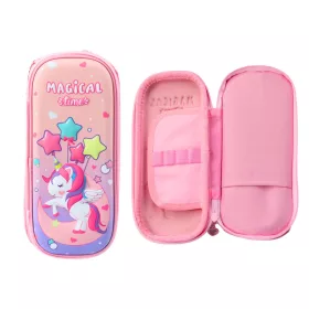   Suport pentru pix roz cu unicorn 3D, două compartimente, 24 cm x 11 cm x 7 cm