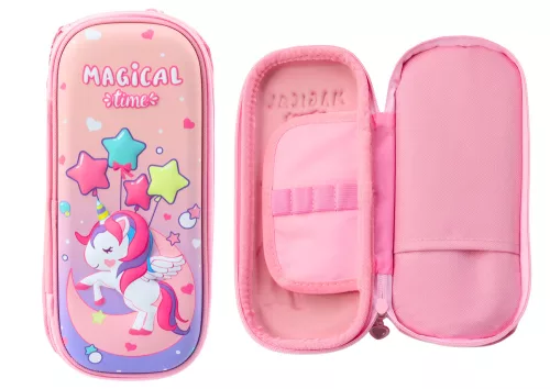 Suport pentru pix roz cu unicorn 3D, două compartimente, 24 cm x 11 cm x 7 cm