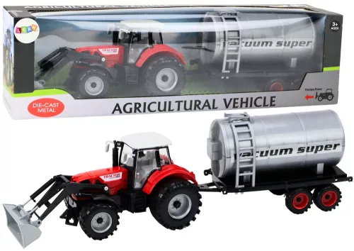Mezőgazdasági traktor-kotrógép tartálykocsival, piros