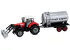 Mezőgazdasági traktor-kotrógép tartálykocsival, piros