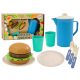 Étkészlet, tányérok, csészék, kancsó, hamburger, evőeszköz, 11 darab