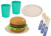 Étkészlet, tányérok, csészék, kancsó, hamburger, evőeszköz, 11 darab