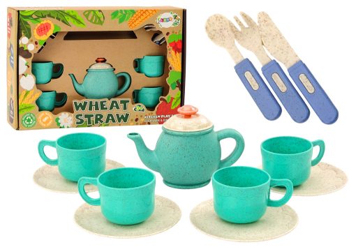 Étkészlet: csészék, tányérok, evőeszközök, teáskanna, 22 darab