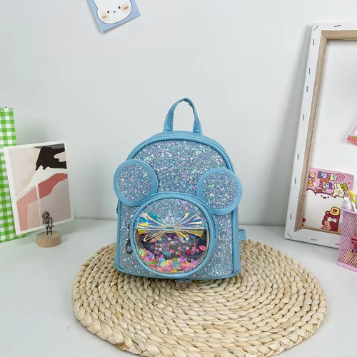 Gyerek hátizsák flitterekkel, egérfülekkel, kék színben, 22 cm, 3 literes