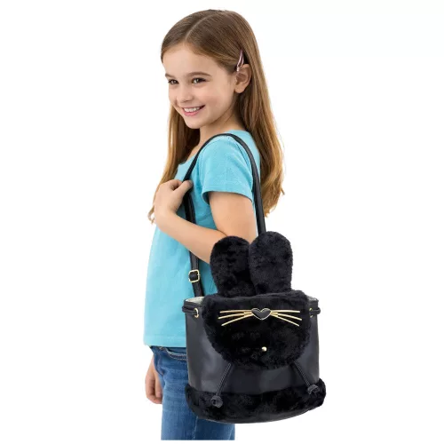 Gyerek hátizsák plüss fülekkel, állítható pánttal, fekete, 22 cm, 4 l