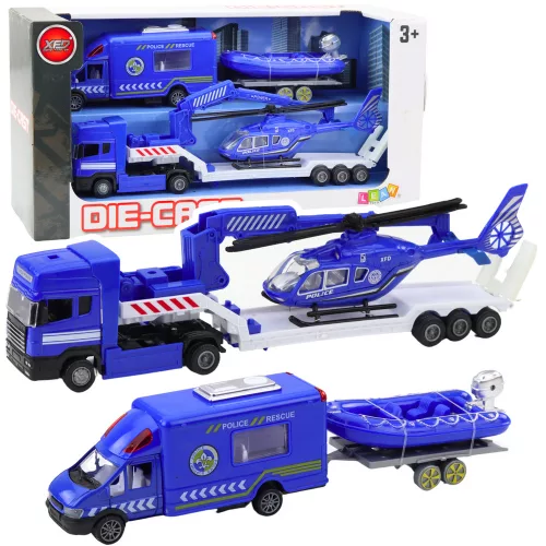 Rendőrségi mentőautó, hajó, teherautó, helikopter, kék szett