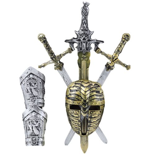 Lovagkészlet 3 karddal, maszkvédőkkel, valósághű dekorációkkal