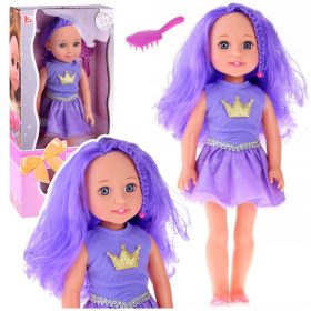 Baba koronás ruhában, hosszú haj, lila kefe, 38 cm