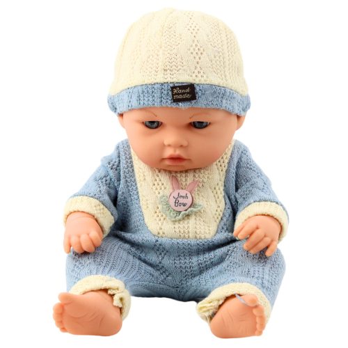Baby Doll kék kötött ruhában és sapkában