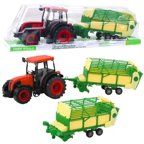 Mezőgazdasági traktor zöld és sárga utánfutóval, piros 50 cm