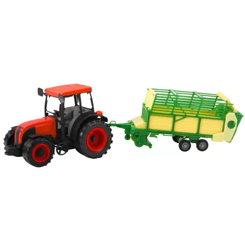 Mezőgazdasági traktor zöld és sárga utánfutóval, piros 50 cm