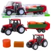 Mezőgazdasági traktor zöld utánfutóval és szénával, piros 62 cm