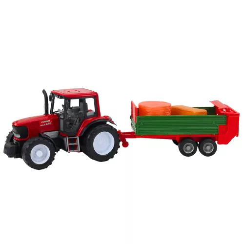 Mezőgazdasági traktor zöld utánfutóval és szénával, piros 62 cm