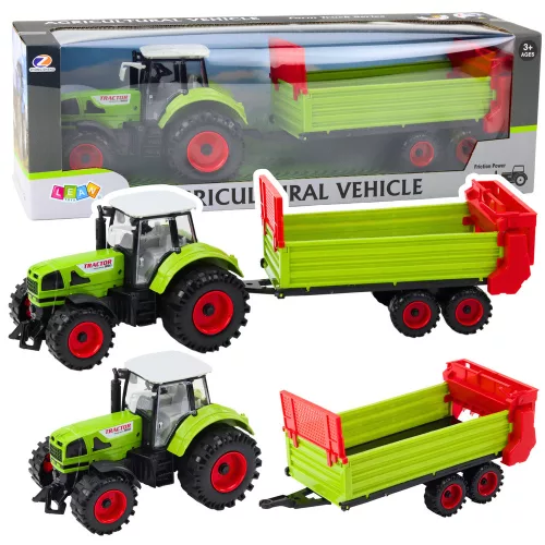 Traktor pótkocsival, dörzshajtás, nyitható motorháztető, ajtók, zöld