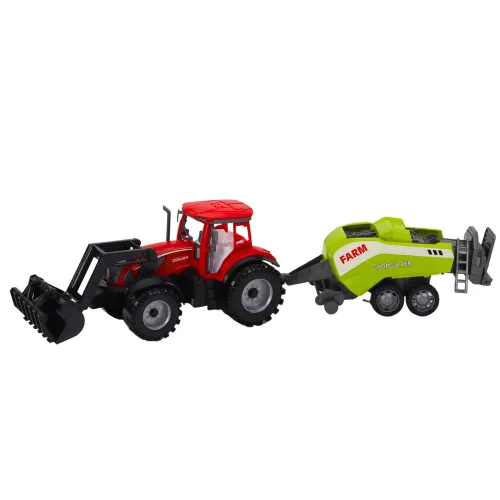 Traktor készlet rakodóval és mezőgazdasági bálázóval, piros
