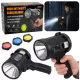 LED napelemes keresőlámpa, zseblámpa, 6 üzemmód, külső akkumulátor, cserélhető szűrők, 23 cm