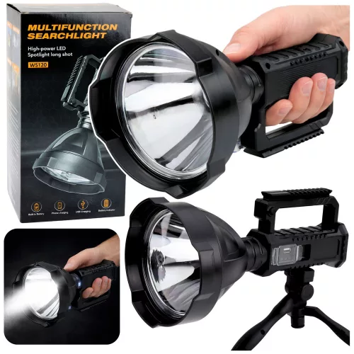 Nagy zseblámpa reflektorfény háromlábú állvánnyal LED keresőfény W5120 külső akkumulátor 31 cm