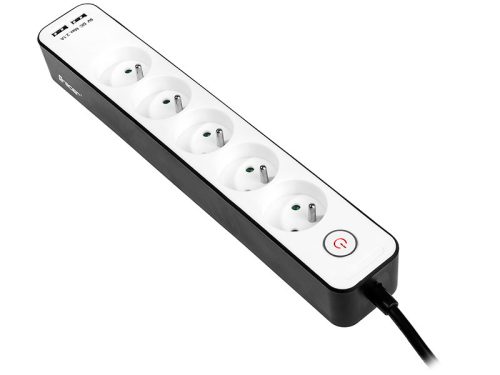 Tracer elektromos hosszabbító kábel túlmelegedés elleni védelemmel és kapcsolóval, 5 aljzat + 2x USB, 1,5 m, fehér és fekete