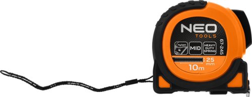 Szuper fekete acél mérőszalag 10 m x 25 mm, automata zár, két stop gomb, mágnes