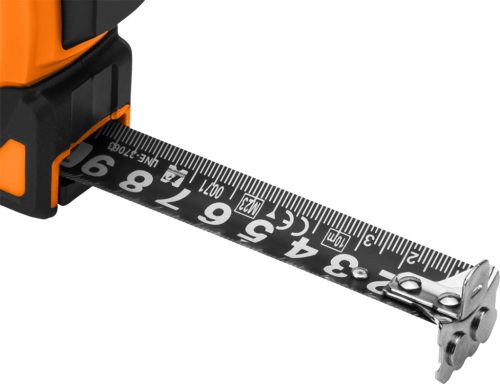 Szuper fekete acél mérőszalag 10 m x 25 mm, automata zár, két stop gomb, mágnes