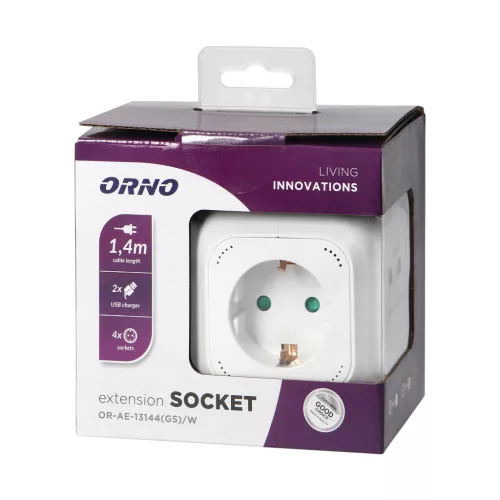 4 pólusú hosszabbító kábel 2P+Z (Schuko), 2xUSB töltő, 1,4m H05VV-F 3x1,5mm2, fehér