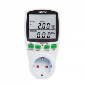   Kettős teljesítményű wattmérő, energiaszámológép LCD kijelzővel, 2 különálló tarifával, belső akkumulátorral, Schuko kivitelben.