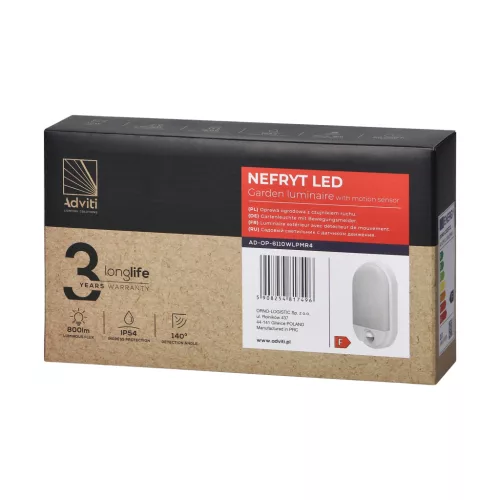 NEFRYT LED 10W, kerti lámpa mozgásérzékelővel 140°, 800lm, IP54, 4000K, fehér