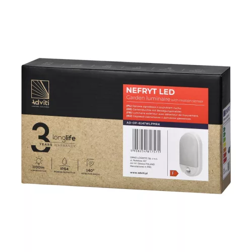 NEFRYT LED 15W, kerti lámpa mozgásérzékelővel, 1100lm, IP54, 4000K, fehér