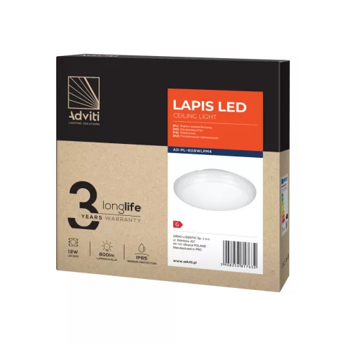 LAPIS LED 12W, mennyezeti lámpa, 800lm, IP65, 4000K, IK10, opál polikarbonát, fehér