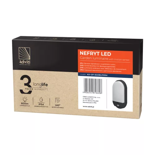 NEFRYT LED 10W, kerti lámpa mozgásérzékelővel, 800lm, IP54, 4000K, fekete